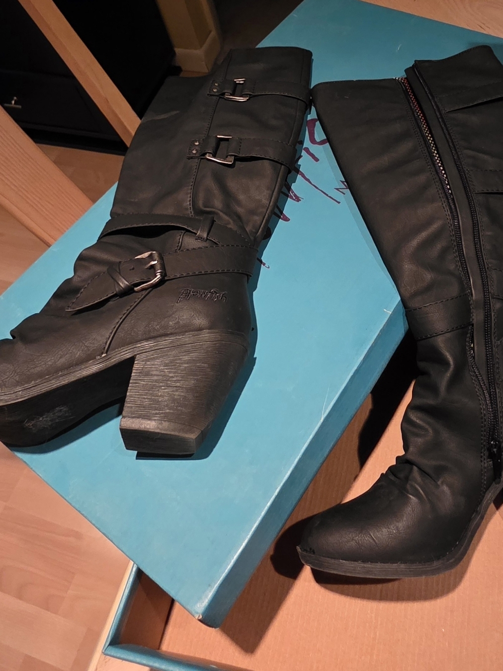 Blowfish Black Knee-High Buckle Heeled Boots